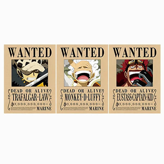 📜 Póster 3D Lenticular One Piece - Carteles "WANTED" de Luffy, Law y Eustass Kid | Edición Coleccionista